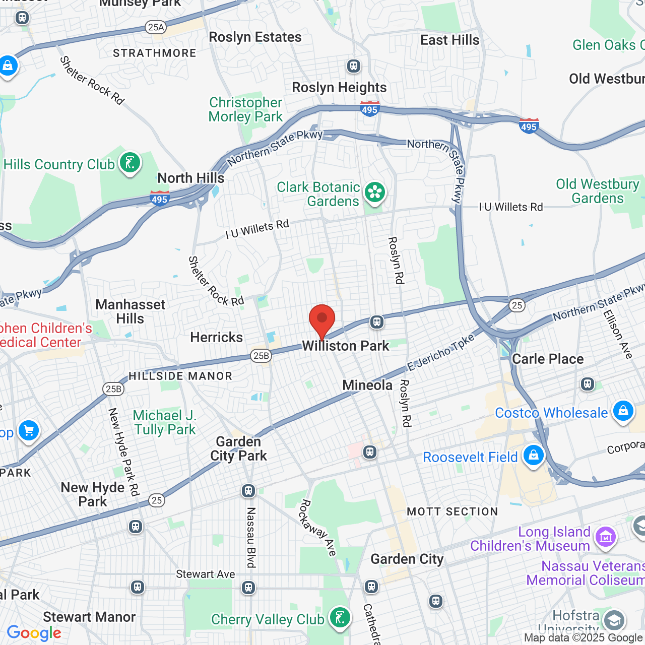 Google map image of our location in 245 Hillside Ave Williston Park, NY